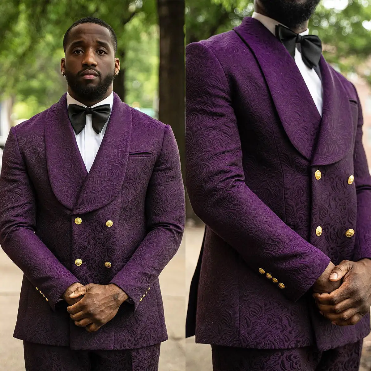 

Purple Pattern Gentleman Suits Double Breasted Shawl Lapel Groom Man Wedding Tuxedos Tailore Made Party Business Wear 2 Pieces