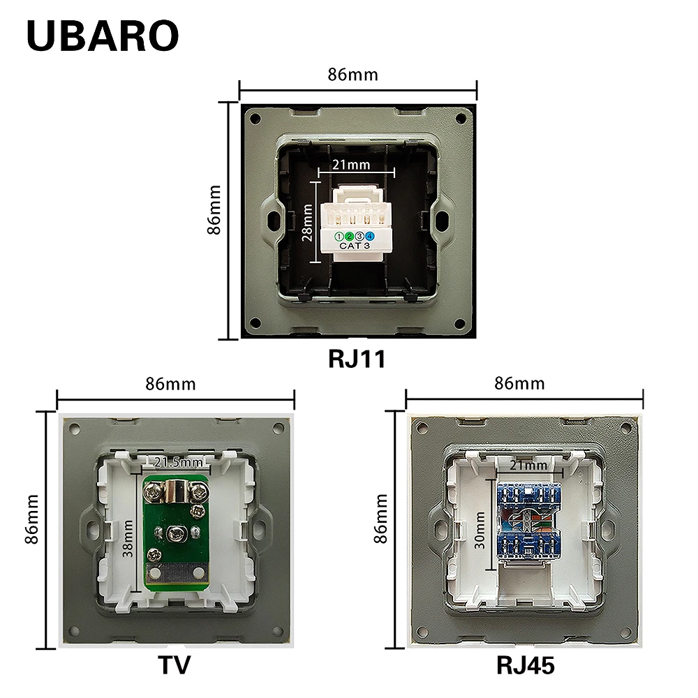 UBARO EU Standard Glass Panel Wall Socket With RJ45 RJ11 TV USB Signal Terminal Plug Home Outlet  Weak Current Combination Plugs