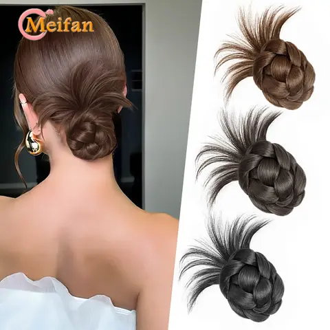 MEIFAN 합성 하프 타이 더블 헤어 번들 지저분한 낮은 클로 Chignon 여성용 헤어 테일 확장 주변의 작은 헤어 번 랩