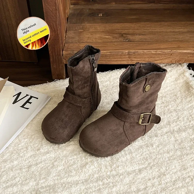 2027 Autumn Winter Warm Children Leather Boots Kids Short Fashion Boots Retro Korean Style Girls Princess Boots Round Toes