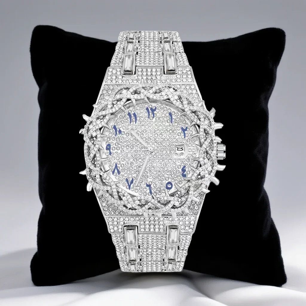 1pc Men's Quartz Watch. New Model with Full Water-Diamond Strap. Ice-Cold Hip Large Dial Men's Watch. Personalized Mesh-Set Zirc view 4