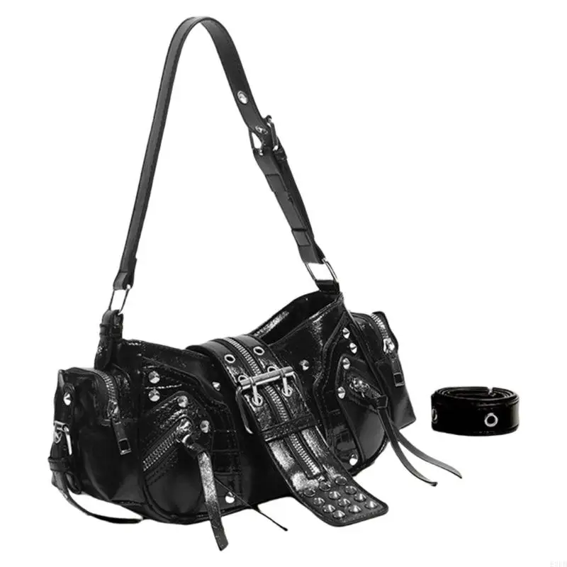 

E8FB Fashion Punk Rivet Armpit Bags PU Leather Motorcycle Shoulder Bag for Women