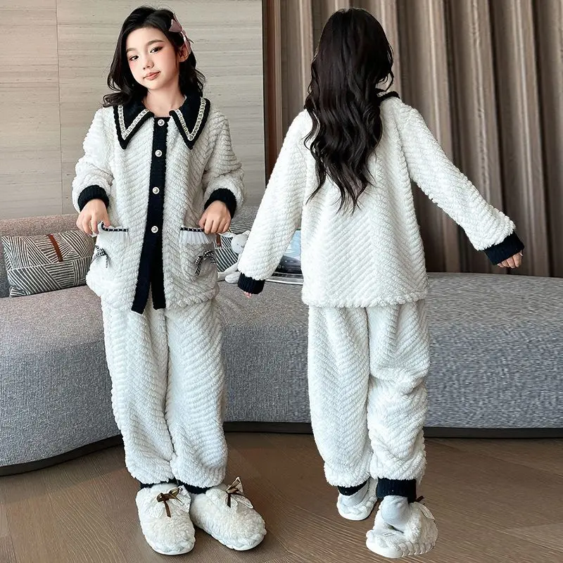 

2025 Autumn Winter Kids Girls Warm Coral Flannel Pajama Set Stylish Home Wear