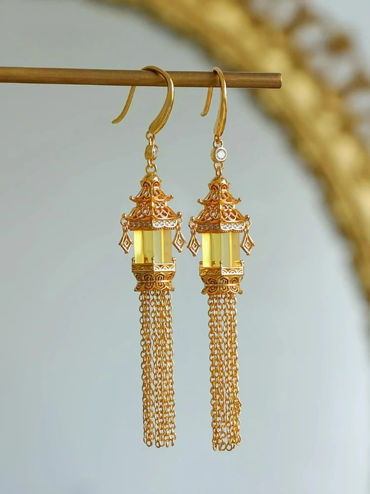 

Blue Amber Palace Lantern Earrings Chinese Classical, 925 Silver Gold Plated with Certificate Tassel