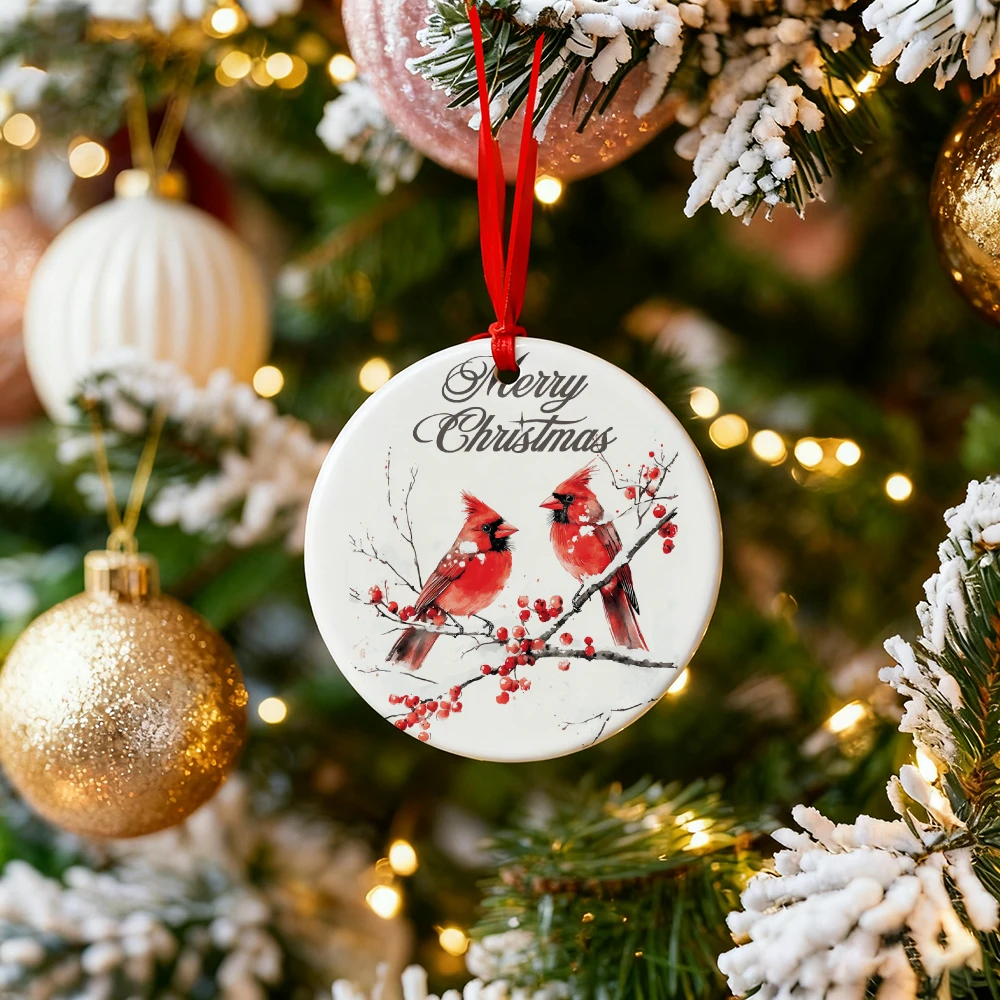 

A Ceramic Christmas Cardinal and Berry Ornament - Berries, Cardinals and Christmas Wishes - Round Hanging Ornament
