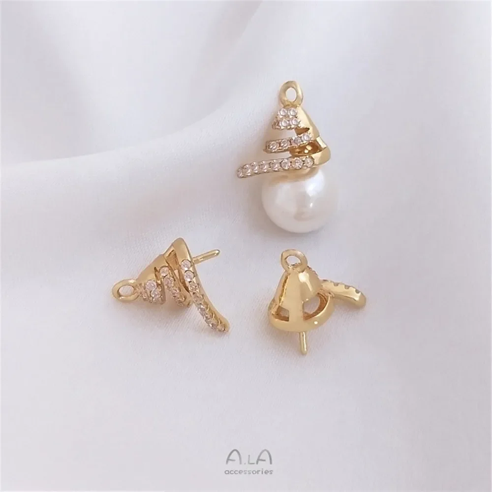 14K Gold Plated Micro-inlaid zircon crystal pearl pendant with half hole spiral empty pendant DIY hand stick bead