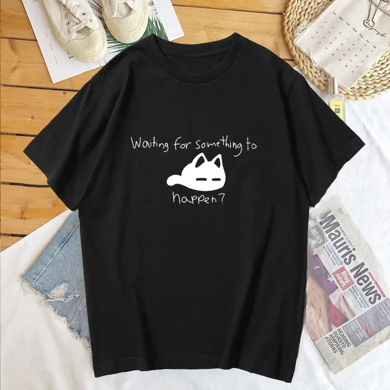 In attesa qualcosa di stampare T-shirt da donna Harajuku Kawaii Cat Graphic Manica corta O-Collo T-shirt Abbigliamento unisex Top Tee