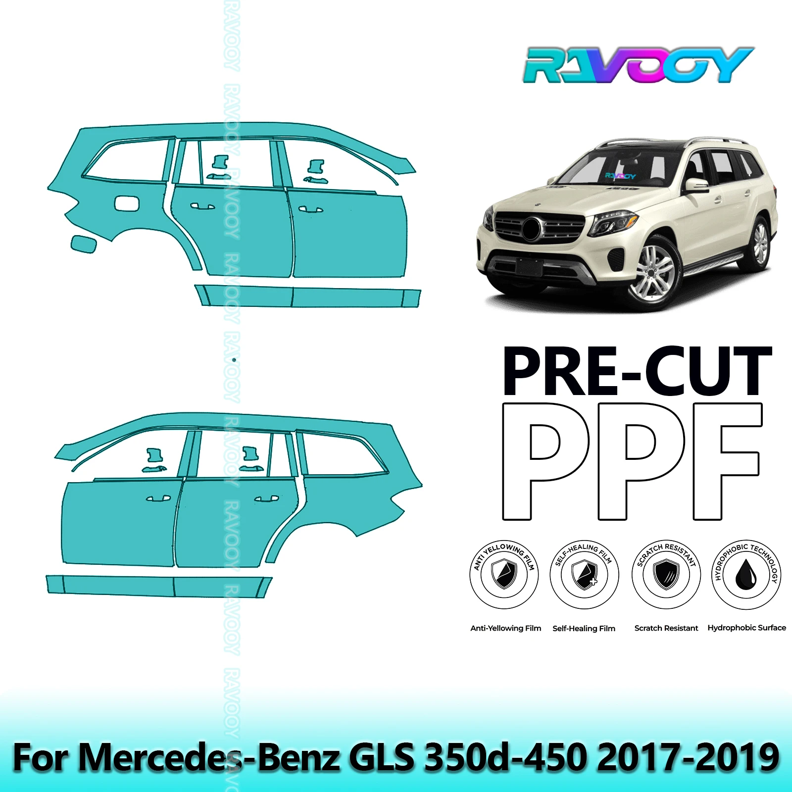 

For Mercedes-Benz GLS 350d-450 2017-2019 8.5mil Clear Matte Pre-Cut PPF Door & A/B Pillar Kit TPU Paint Protection Film Set