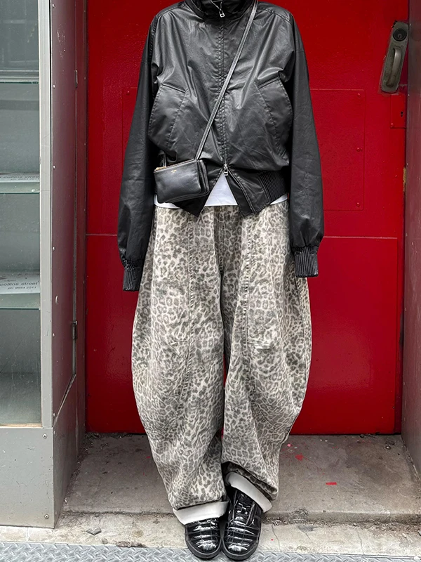 

American Retro Leopard Print Wide Leg Jeans Women Loose Silhouette Slouchy Knife Pants Casual Loose Fit Autumn New Arrival