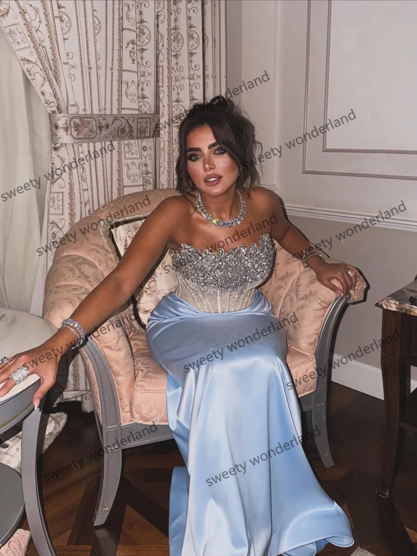Sky Blue Satin Evening Dresses Lace Sequined Strapless Maxi Gown See Thru Corset Wedding Party Dress Customized Elegant Vestidos