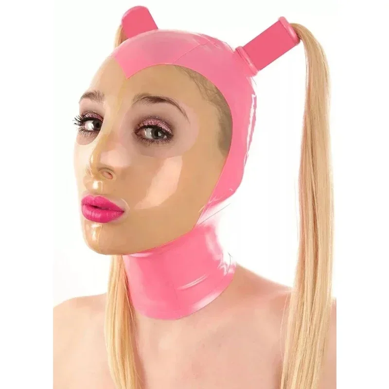 

Handmade Latex Mask Rubber Hood Pink with Transparent 2 Wigs Fetish Open Eye Mouth with Back Zipper Cosplay Costumes