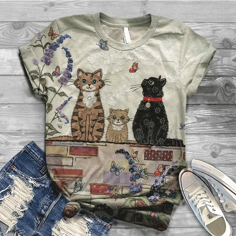 Novel Digital Printing Cat Pet T-shirt For Men And Women Street Daily Vintage T Shirts 2025 Fashion Summer Short Sleeve Plus Tee