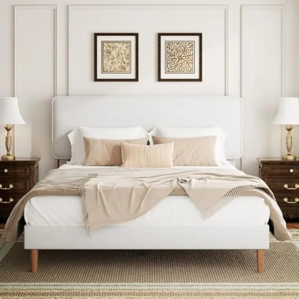 Queen Size Fabric-Covered Platform Bed with Adjustable PU Leather Headboard, No Box Spring Required, Wood Slat Support, Simple A