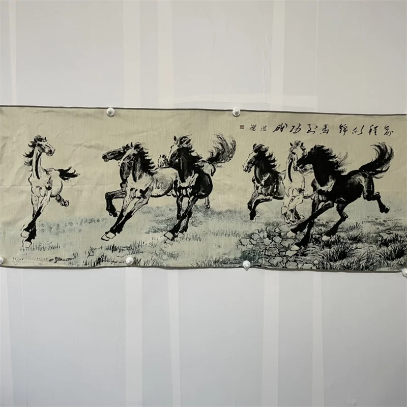 Chinese Old Color Brocade 'Eight Horses Diagram' Embroidery Artwork Landscape Painting - Decorative Home Decor Piece