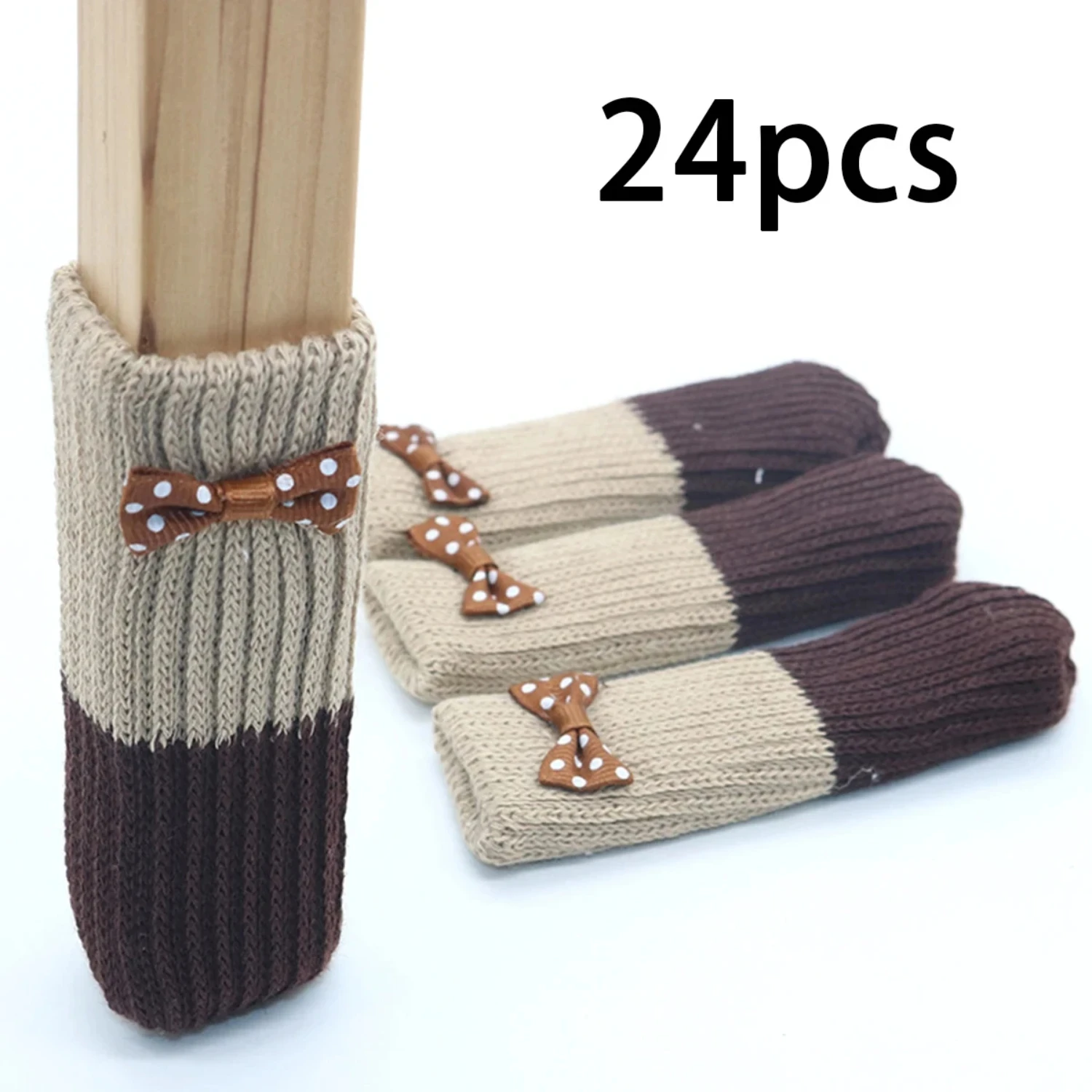 24pcs Knitted Non-Slip Chair Leg Covers Table Foot Socks Floor Protectors Pad with Anti-Noise Technology and Decorative Bow Tie