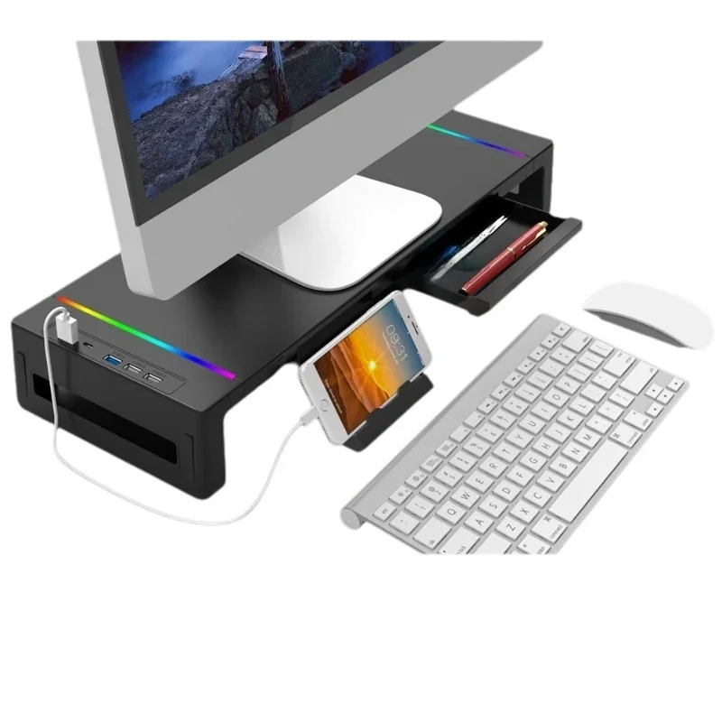Multifunctional Computer Monitor Stand Riser with RGB Lighting& Fast Charging Interface Height-Adjustable Desk Shelf Riser