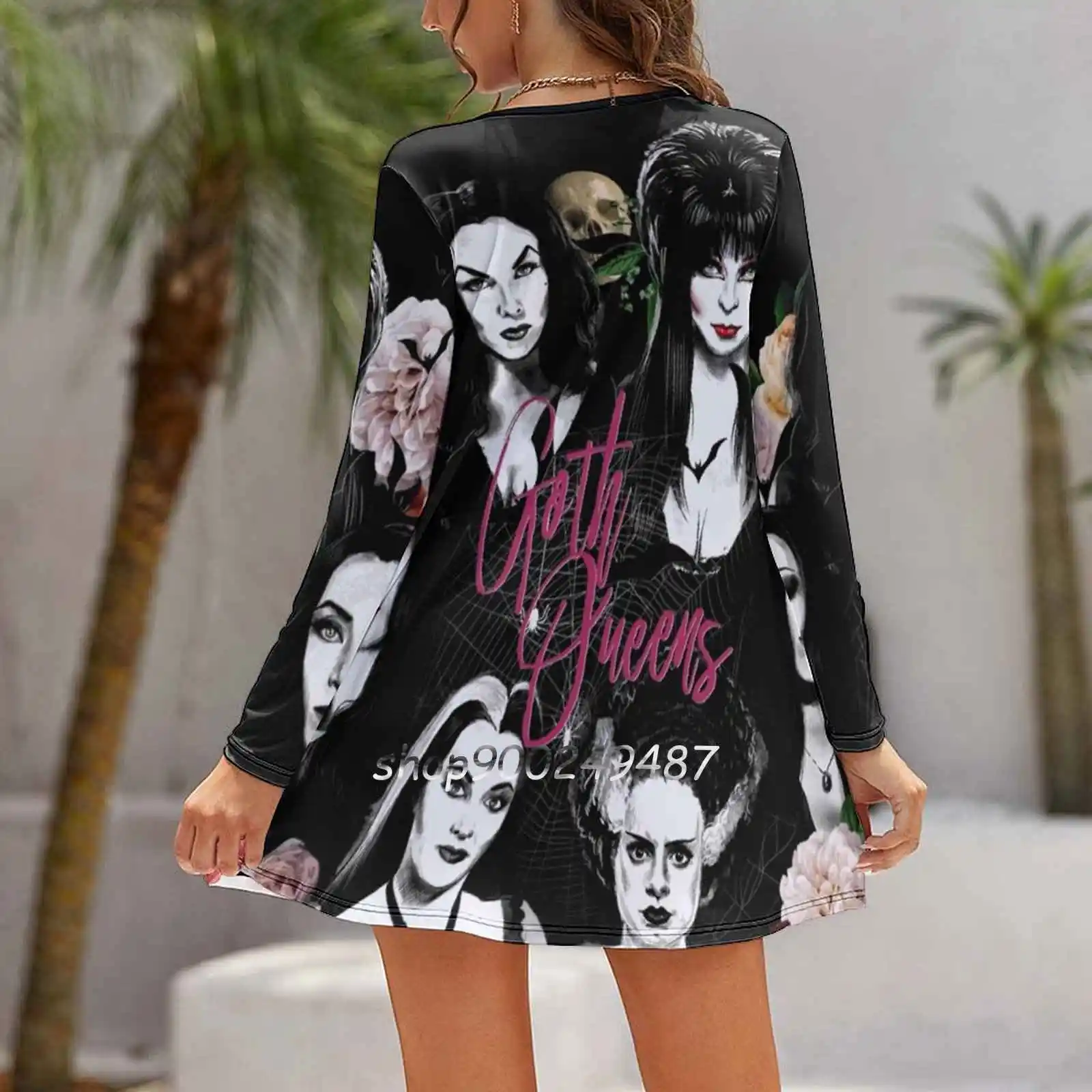 Goth Queens-Elvira , Vampira , Lily , Morticia , Slim Dress With Hollow Waist Autumn Winter Sexy V Neck Long Sleeve Dresses