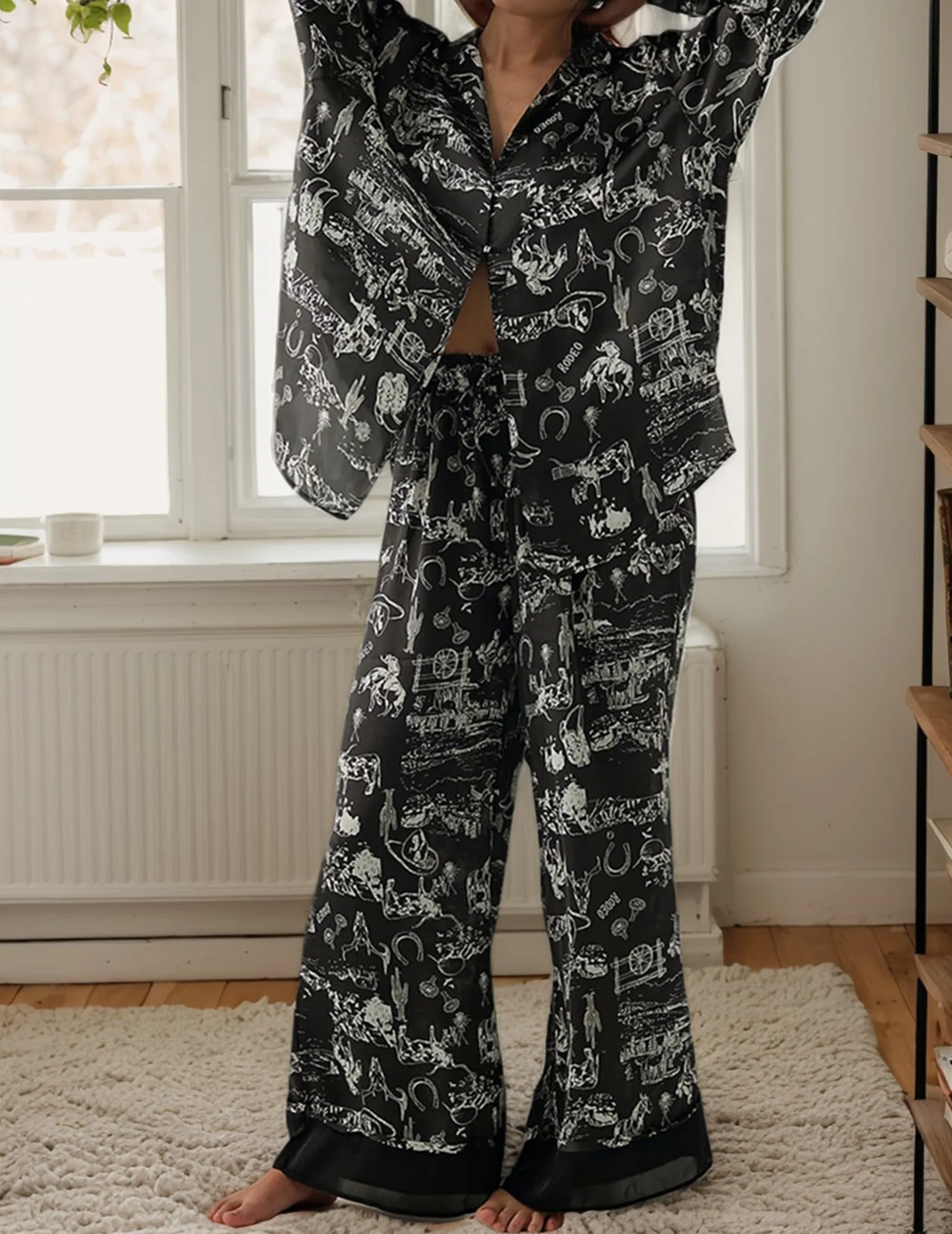 Conjunto de pijama feminino de cetim com botões, camisas com pernas largas, pijama de 2 peças, roupa de dormir