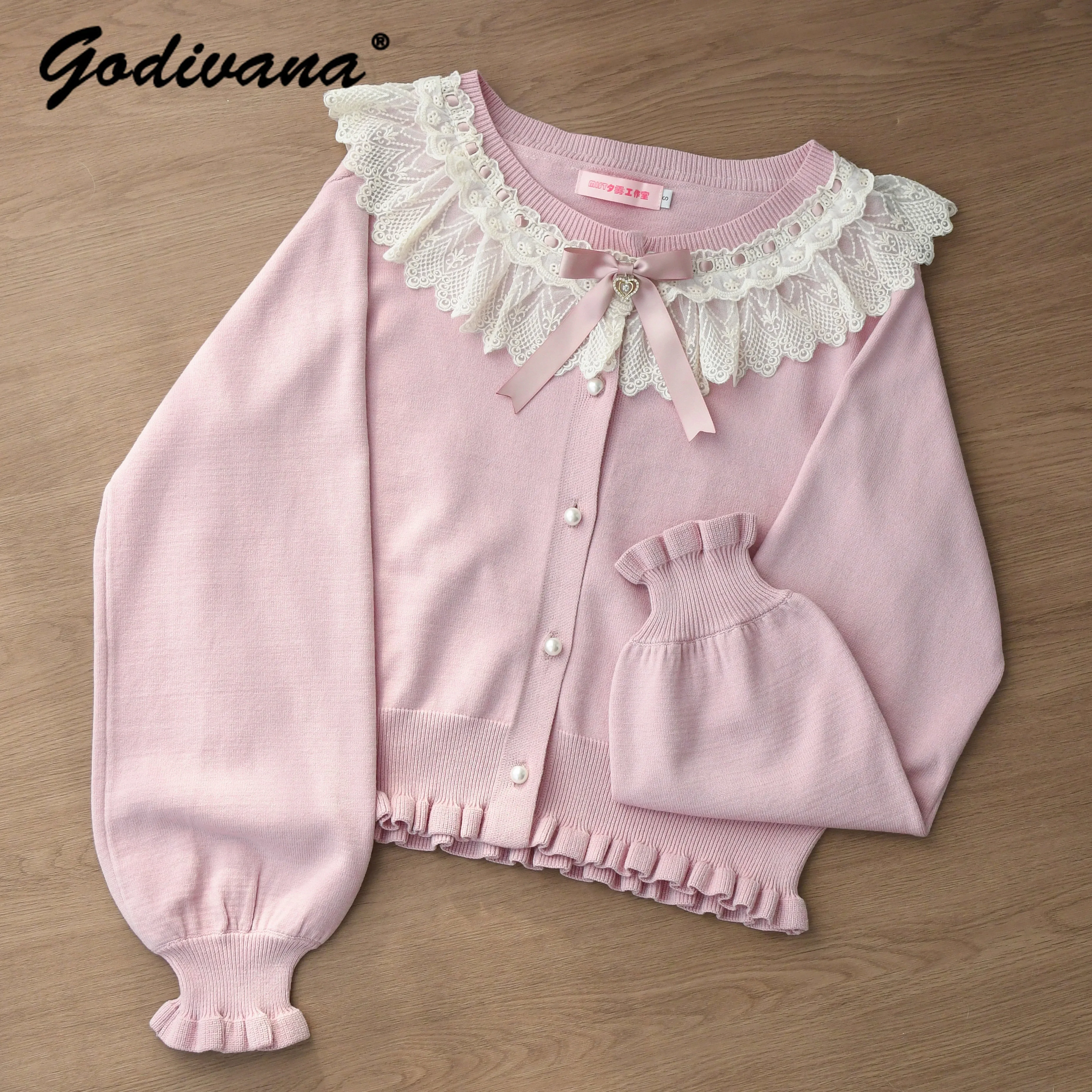 

Sweet Lolita Knitted Cardigan New Autumn and Winter Female Girls Lace Spliced Long Sleeve Sweater Coat