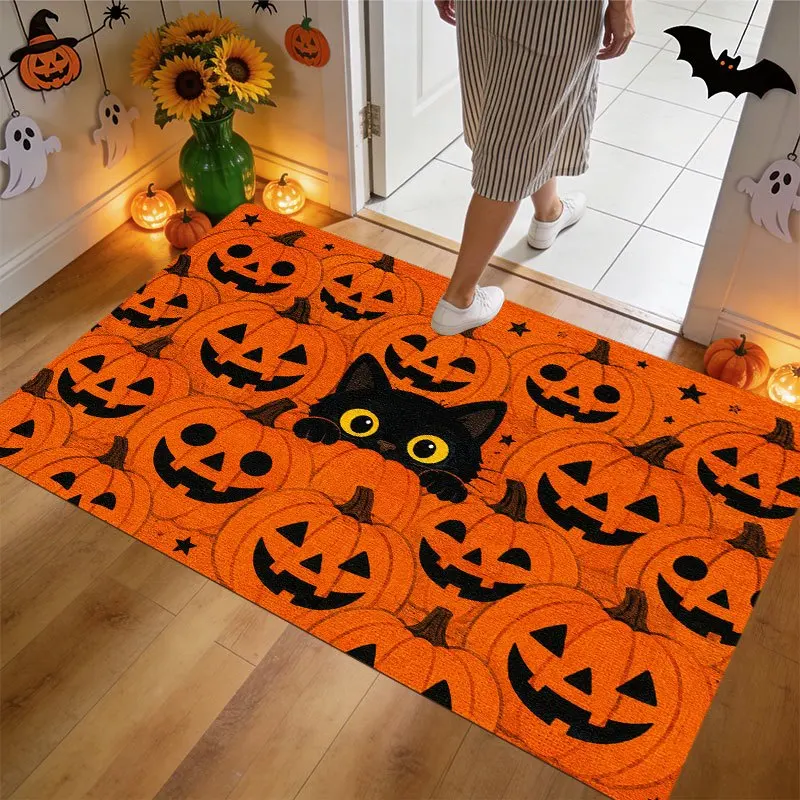 Playful Halloween Decor Rug, Peeking Black Cat Among Pumpkins Design Non‑Slip Floor Mat For Entry Hall Spooky Holidarrang