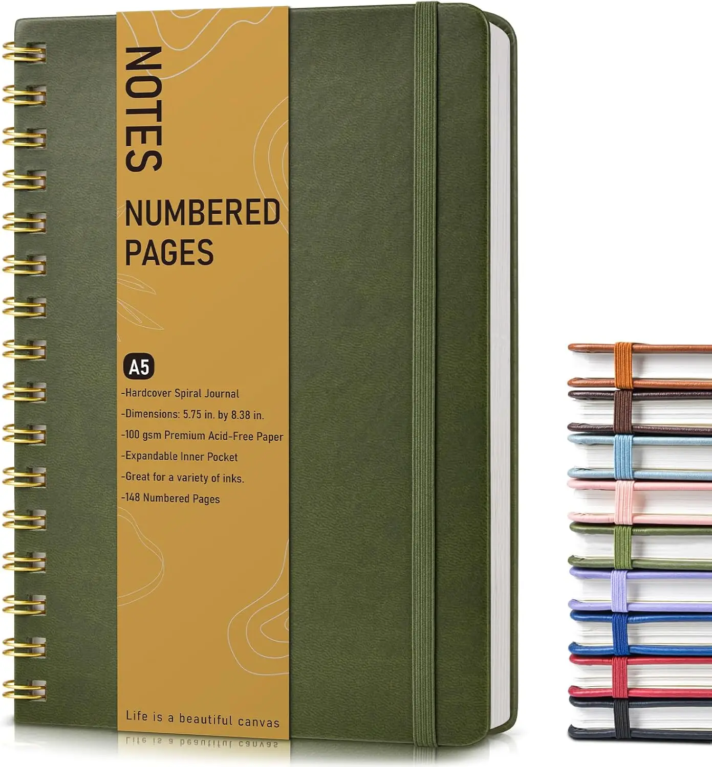 Cuaderno Espiral Tapa Dura A5 con 150 Páginas Numeradas, Papel Rayado Universitario de 100 GSM, Verde Oliva para Trabajo y Toma de Notas