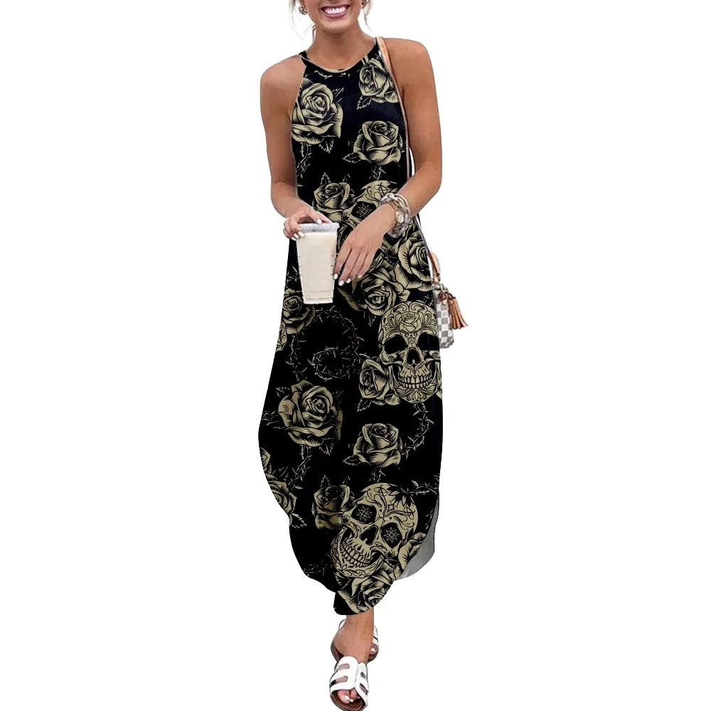 

2022 Floral skull Print Women Casual Short Sleeve Camisole Dress Loose Long Double Pocket Beach Resort DressWoman Dress