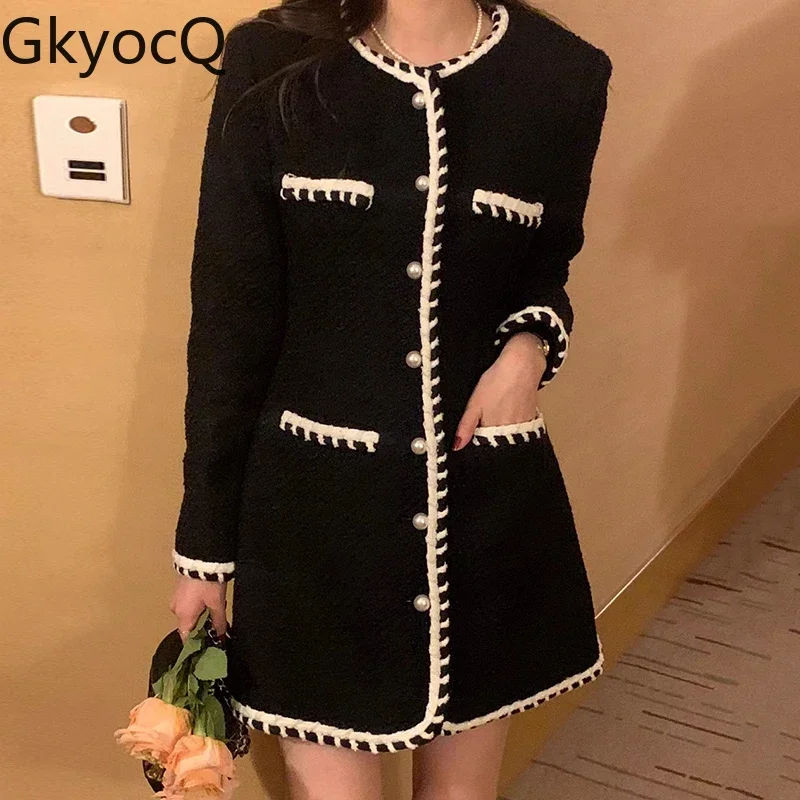 

GkyocQ Korea Chic Fall Celebrity Small Perfume Style Round Neck Color Collision Patchwork Slim Long-sleeved Dress Female Dresses
