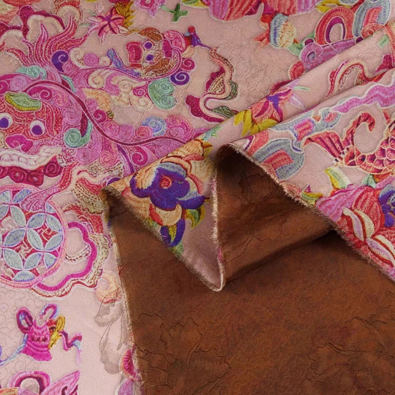 Pink Yellow Jacquard Fabric for Sewing Double Happiness Koi Carp Silk Oriental Dress Material Qipao Hanfu Vest Clothing Textile