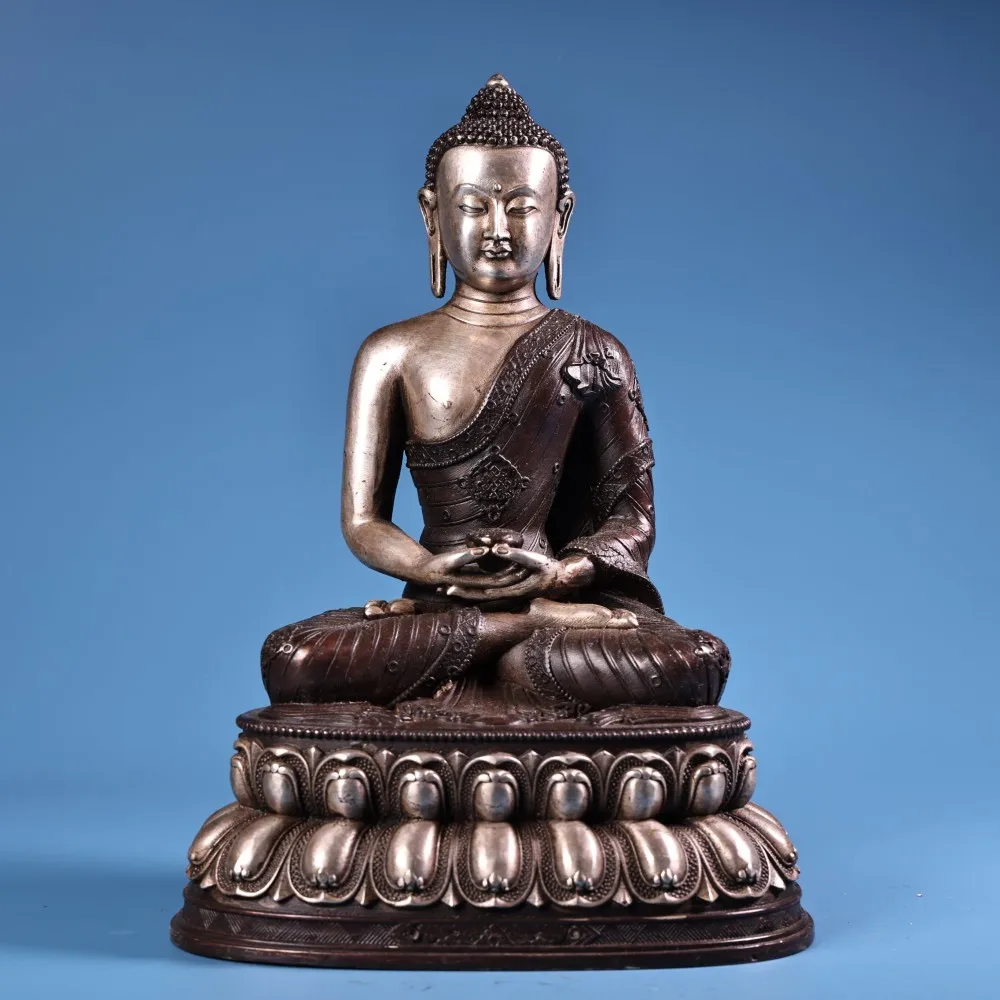 Nepal Pure Copper Amitayus Buddha Statue High Relief Silver Plated Home Altar Decor Collectible