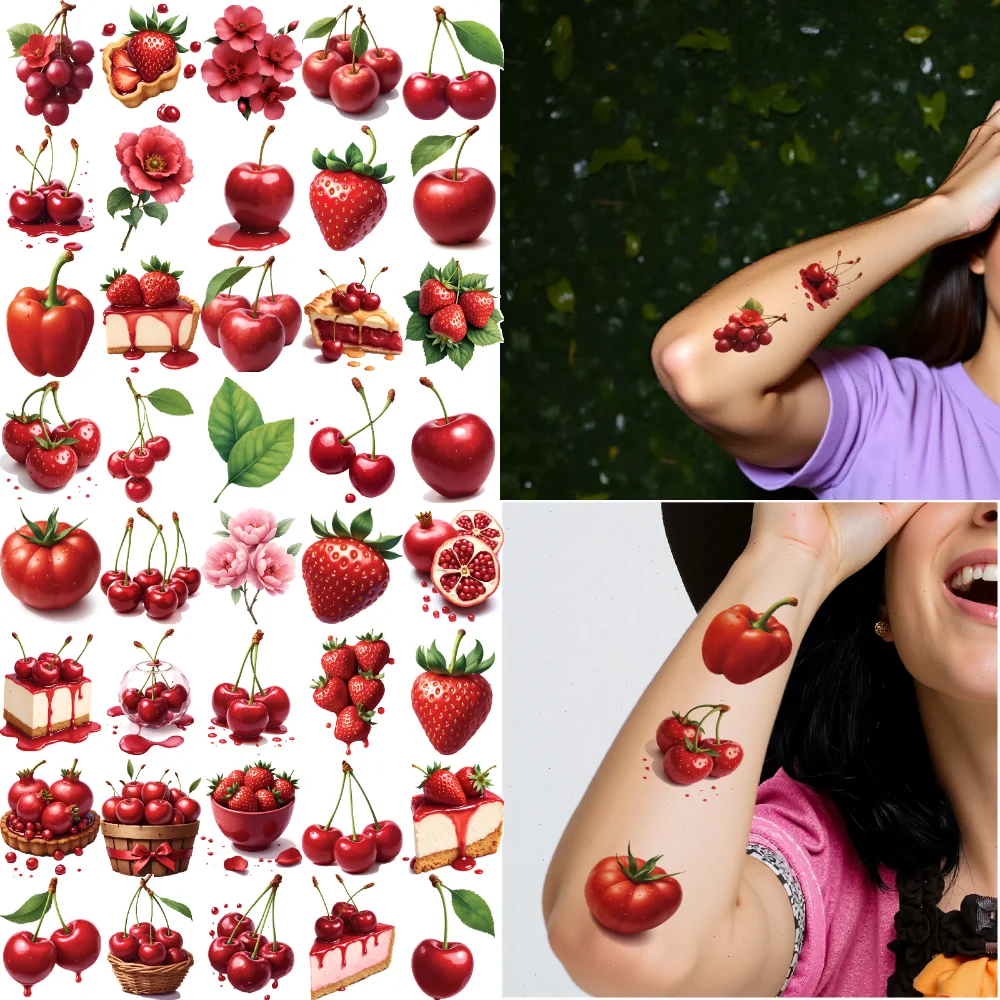 

63pcs Temporary Tattoo Red Berry Waterproof Long-lasting Body Stickers Strawberry Cherry Realism Tomato For Thighs Ladies Back