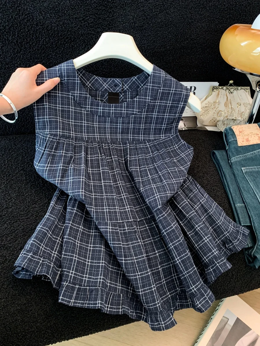 

Summer Women's Plaid Sleeveless Shirt Short round Neck Vest Striped Color Collision Pleated Sweet Beautiful Knot Waist Design