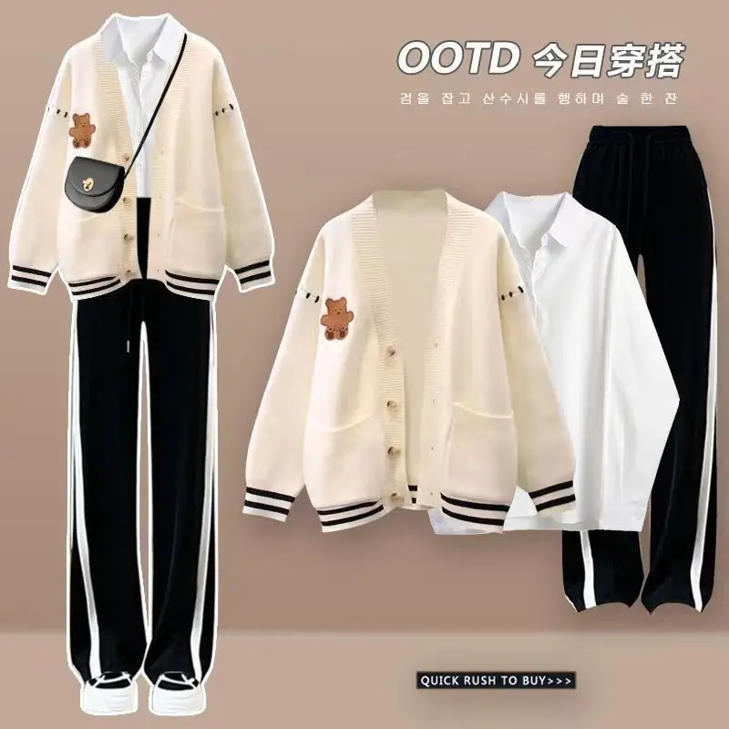 Autumn and Winter Fashion Set Female Student Salt Series Cardigan Coat+Shirt+Cowboy Wide Leg Pants 3-Piece Set