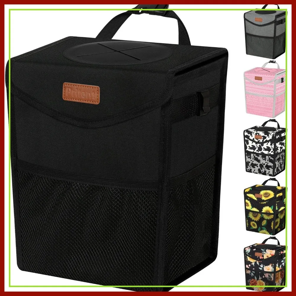 

Car Trash Can with Lid, Leakproof Hanging Garbage Bag, Small Portable Automotive Organizer for Front/Back Seat, Black Trapezoid