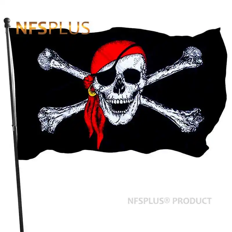 Halloween Pirate Flag 90x150cm Polyester Red Scarf Skull Bones Printed Brass 2 Grommets Hanging Flying Flags and Banners