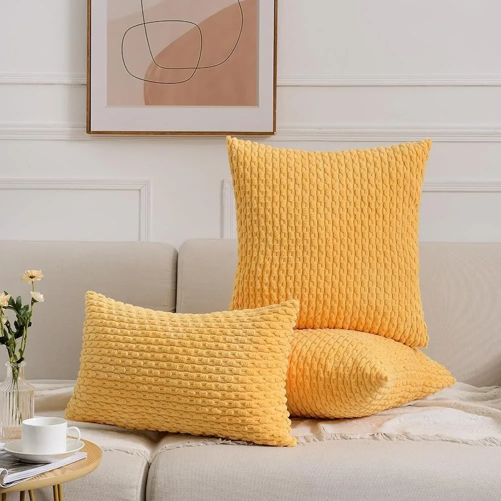 Yellow Textile Pillow Covers Decorative 18x18Inch 45x45CM Striped Corduroy Plush Velvet Pillowcases Boho Cushion Cover for Couch