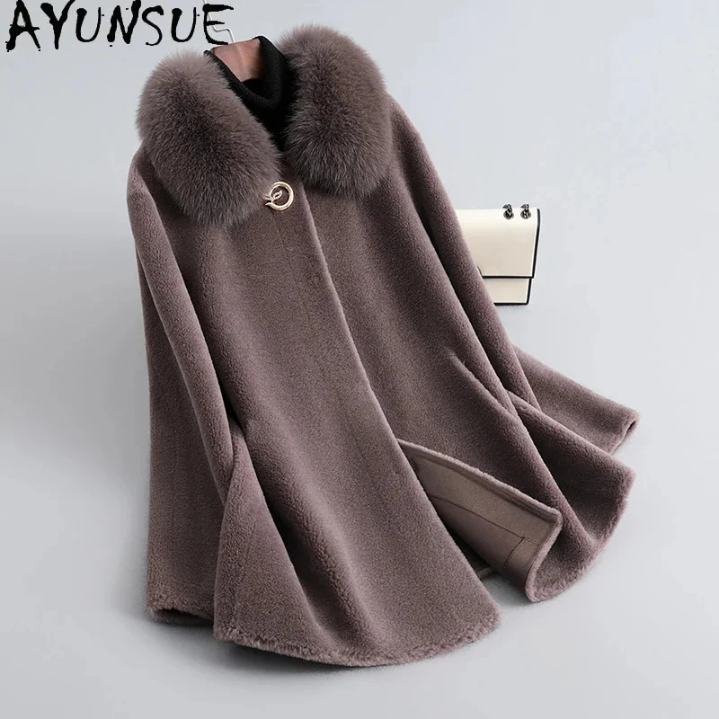 Granular AYUNSUE Sheep Shearing Jacket for Women Autumn Winter Fox Fur Collar Mid-length 100% Wool Coat Kurtka Zimowa Damska