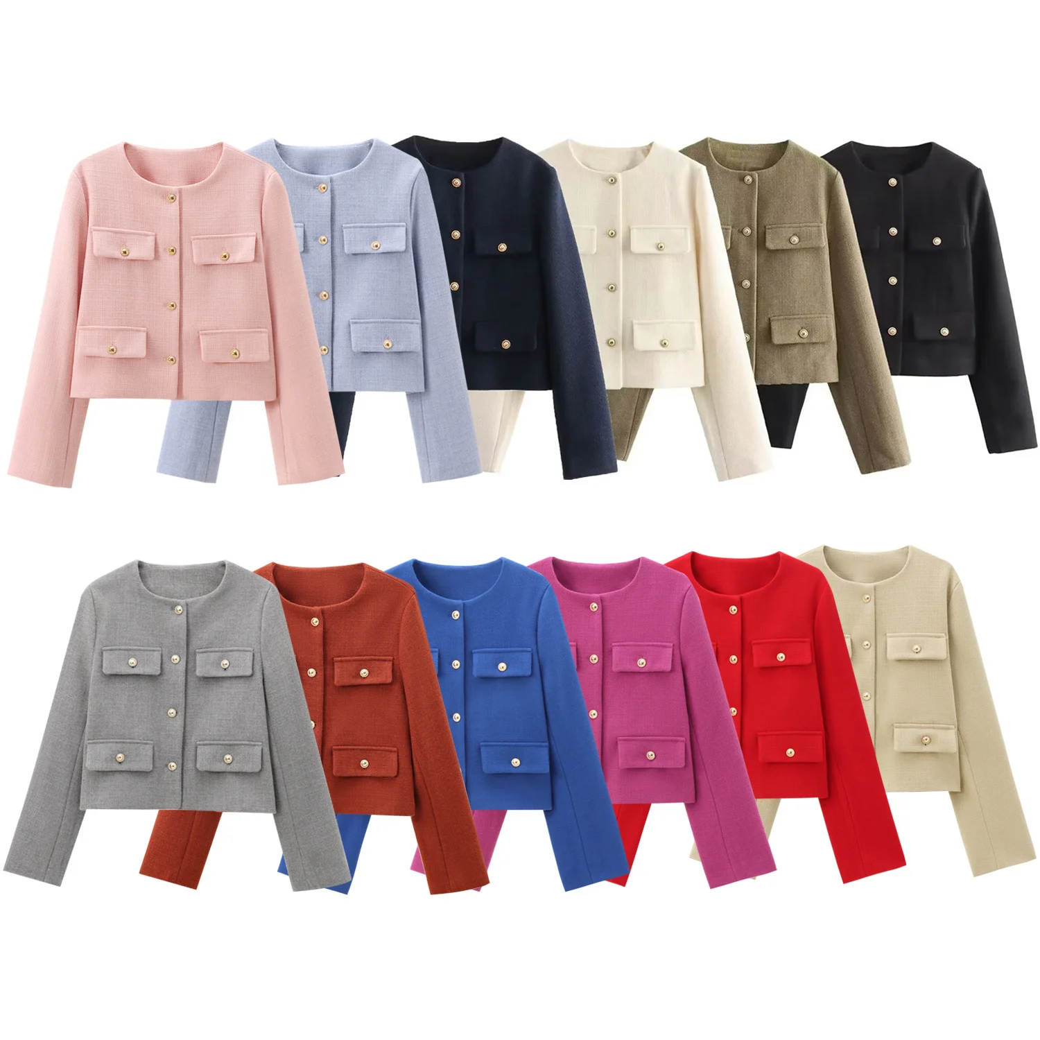 

2025 WOMAN Summer New Fashion Flip Pockets Short Jacket Coat Vintage Long Sleeve Buckle Casual Female Outerwear Chic Tops