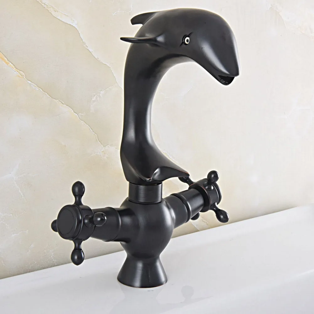 

Basin Faucets Black Oil Rubbed Brass Dolphin Style Faucet 360 Rotation Dual Cross Handle Mixer Taps Bathroom Vessel Sink Faucet