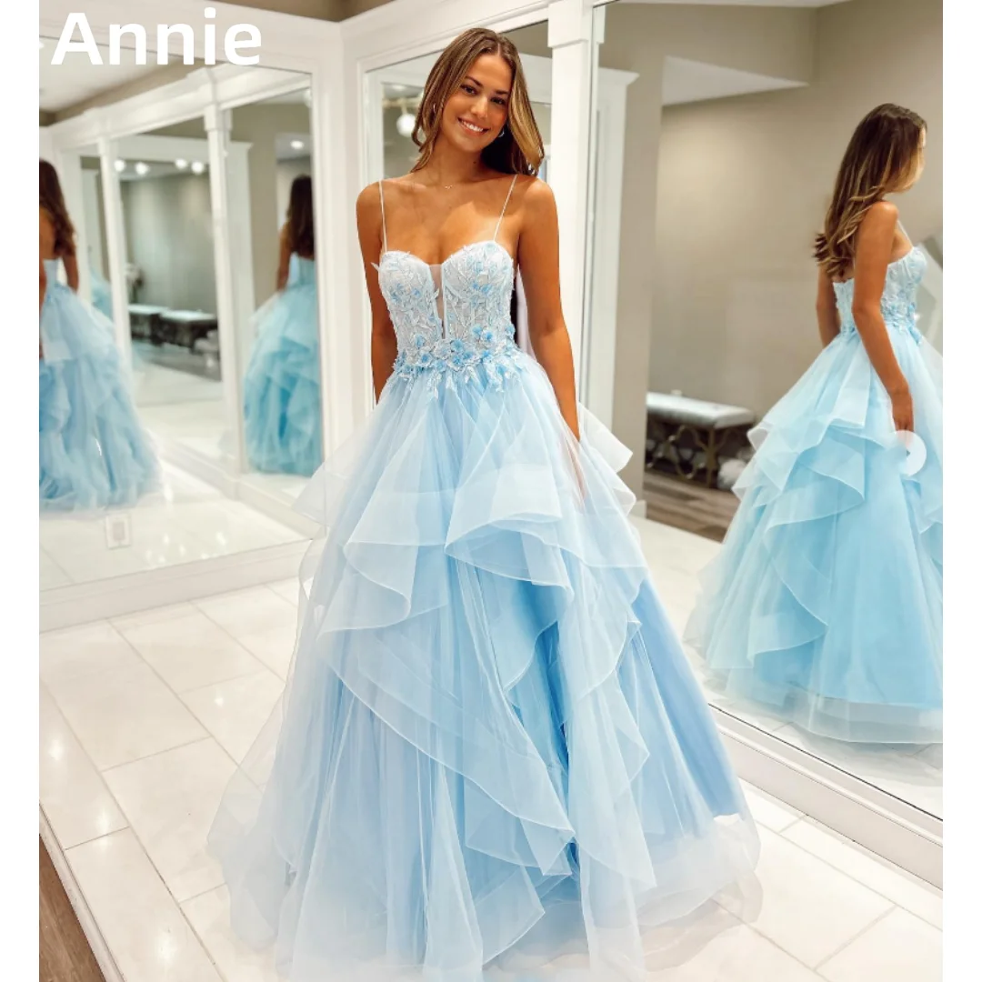 Amy-vestido de baile azul claro, com flor 3d, bordado, tule, para festa de formatura, casamento, 2024