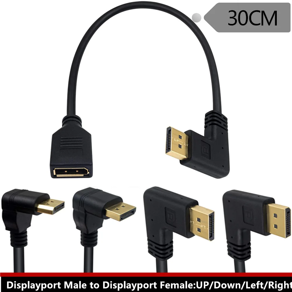 90 Degree Angle Elbow DisplayPort Panel Mount Extension Cable Adapter Corner DP 1.2v Male to Female Cord Socket Screw 2k@144Hz