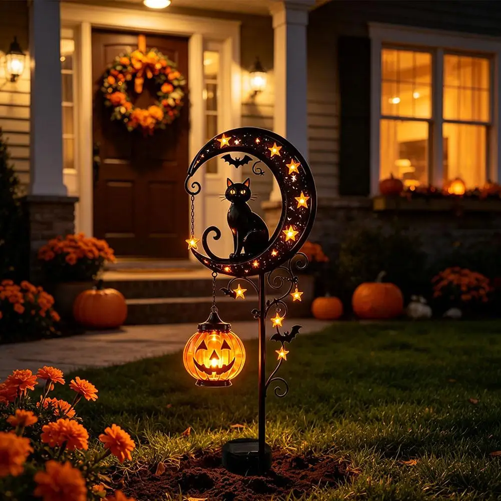 Halloween Schwarze Katze & Kürbis-Mond Gartenleuchte, Gartenlampe Dekoration, Outdoor Wasserdichte Metall-Kürbis-Pfahl-Deko – Detail 8