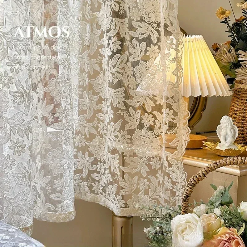 

French Embroidery White Tulle Curtains Lace Gauze for Living Room Bedroom Cream Retro Wavy Edge Bay Window Girl Curtain Door