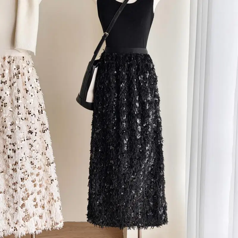 Sequins Tassels Long Skirt For Women Stylish Chic Fashion Ladies Skirts Elastic Waist Split Woman's Skirts Mujer 2024