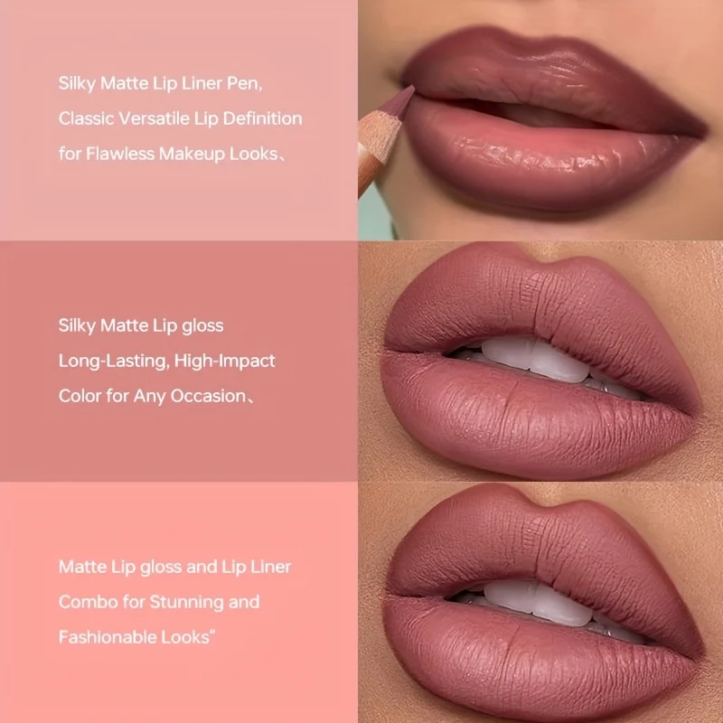 مجموعة ملمع شفاه قلم تحديد الشفاه - تدوم طويلاً، مرطب، خفيف الوزن، لون عاري طبيعي، ملمع شفاه مخملي غير لاصق مقاوم للماء