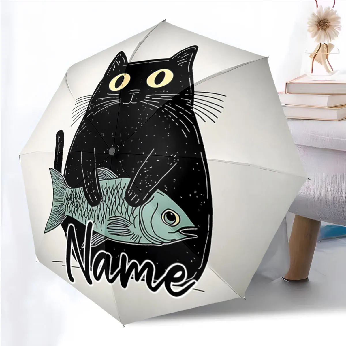 Custom Name Unique Umbrella with Black Cat and Fish Design Print 8 Iron Ribs Folding Umbrella Auto-Open Fashion Sunshade