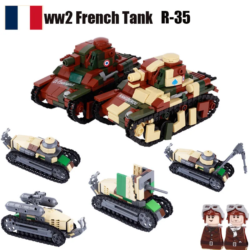 MOC WW2 French Military R-35 Tank Building Blocks Army Solider Figures Infantry Gun Car Vehicle Model Weapons