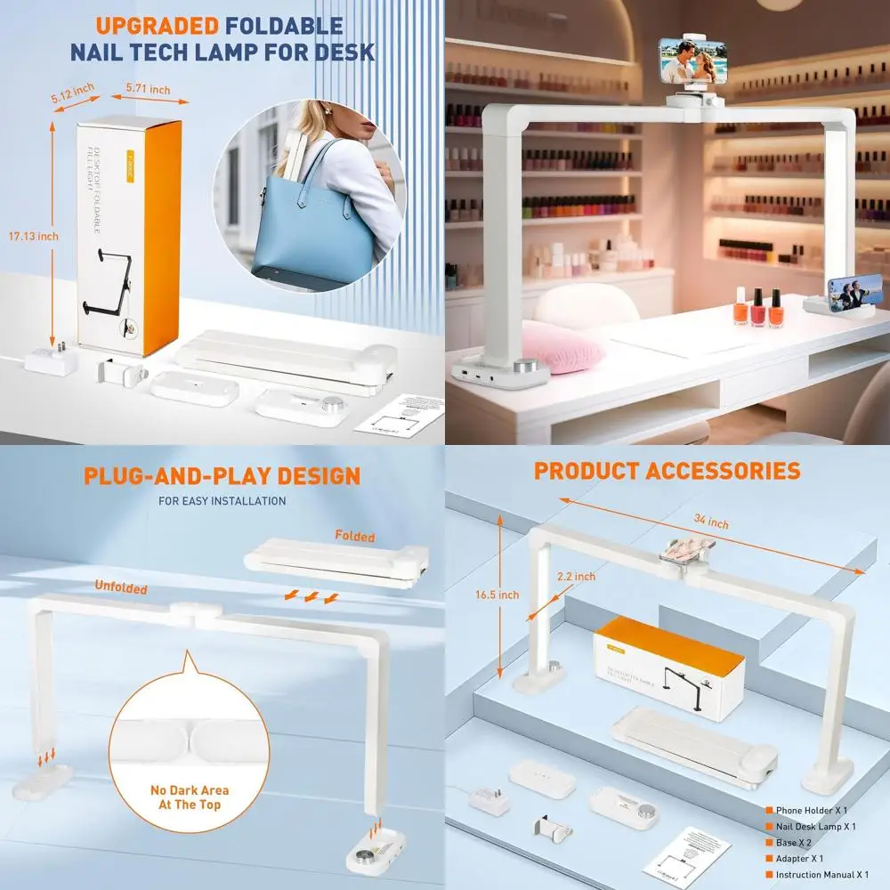 

34 Large 3-Color LED Nail Technician Desk Lamp with Holder and Charging Function