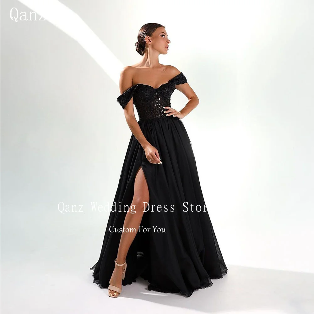 

Qanz Sparkly Black Evening Dresses Off the Shoulder Glitter Sequined Tulle Vestidos De Noche High Slit Floor Length Party Gown