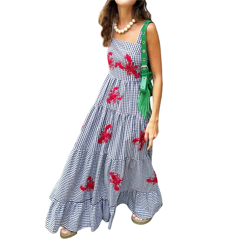 FX-femmes robe Maxi brodée sans manches smockée robe d'été fluide Boho robes longues d'été plage Vocation