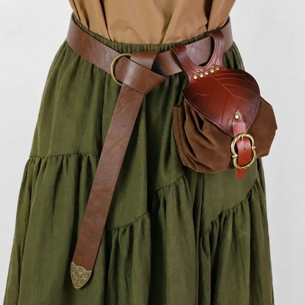 2 pièces, accessoires de costume de festival médiéval, ceinture en cuir synthétique de style vintage avec cordon en forme de feuille et pochette à monnaie, accessoires de cosplay de style viking pour Halloween et jeux de rôle en extérieur (LARP).